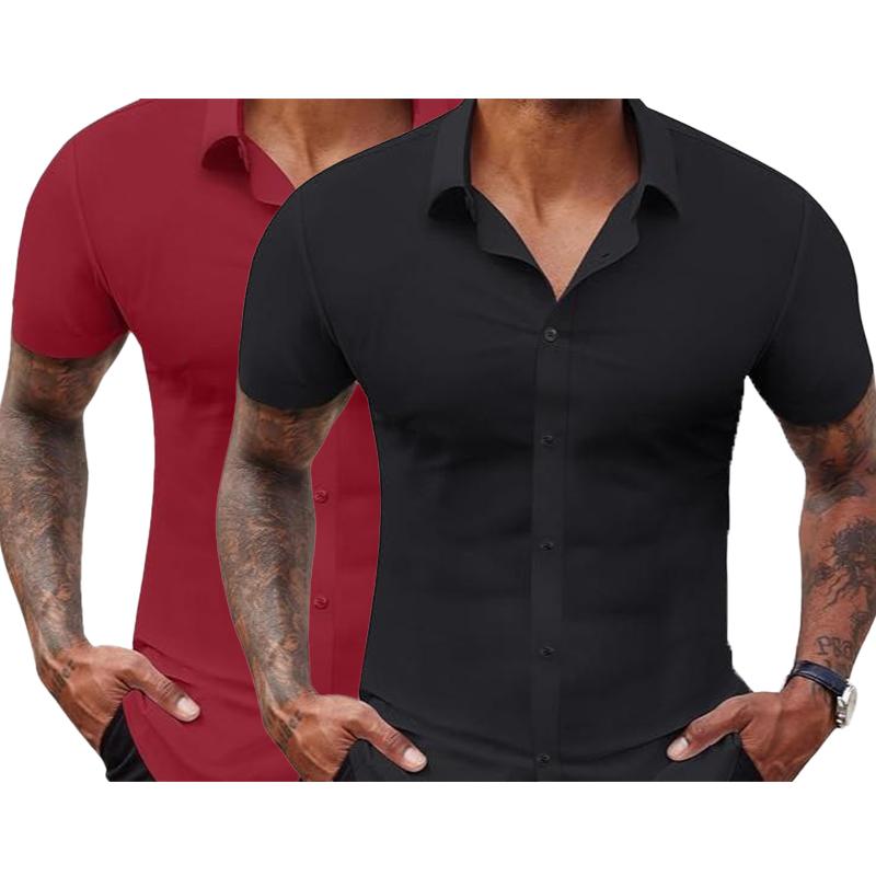 2-Pack Alimens&Gentle Stretch Dress Shirts for Men Short Sleeve Slim Fit Casual Button Down Shirts Muscle Fit Men's Dress Shirts formal shirt plain shirt