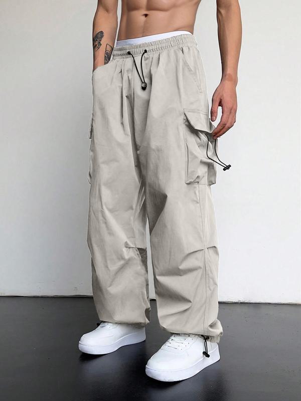 Men's Loose Plain Pocket Drawstring Waist Cargo Pants for Fall, Pants for Men, Mens Stylish Clothing, Street Trendy Baggy Wide Leg Trousers for Men, Streetwear, Men's Back to School Bottoms, Casual Menswear, Men's Drippy Outfits, Going Out Outfits