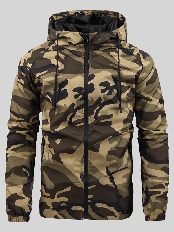 Men's Camo Print Drawstring Zip Up Hooded Jacket, Long Sleeve Waterproof Windproof Outerwear for Outdoor Daily Wear, Men's Clothing, Fall Clothes, Fashion Windbreaker, Jackets for Men, Men's Clothing for Fall, Winter Outfits 2024