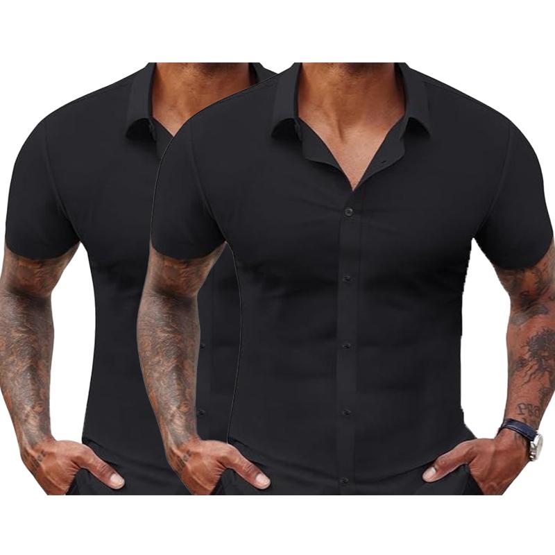 2-Pack Alimens&Gentle Stretch Dress Shirts for Men Short Sleeve Slim Fit Casual Button Down Shirts Muscle Fit Men's Dress Shirts formal shirt plain shirt