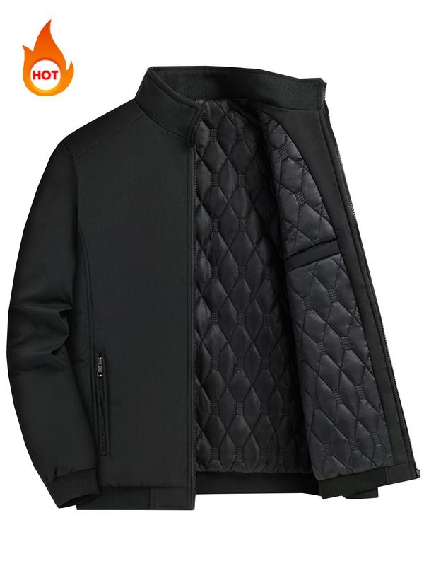 Men's Solid Zip Up Pocket  Long Sleeve Quilted Jacket, Regular Fit Casual Stand Collar Thermal Lined Outerwear for Fall & Winter, Men's Clothes for Daily Wear