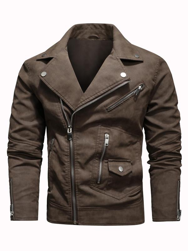 Men's Pocket Long Sleeve Zip Front PU Leather Jacket, Regular Fit Vintage Solid Zip Up Motorcycle Jacket For Spring & Fall, Casual Fashion Men's Outerwear