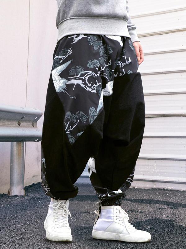 Men's Loose Patchwork Plants Print Drawstring Waist Pants, Casual Street Style Tree Print Pants for Daily Wear, Fashion Men's Trousers, Summer Outfits 2024, Menswear