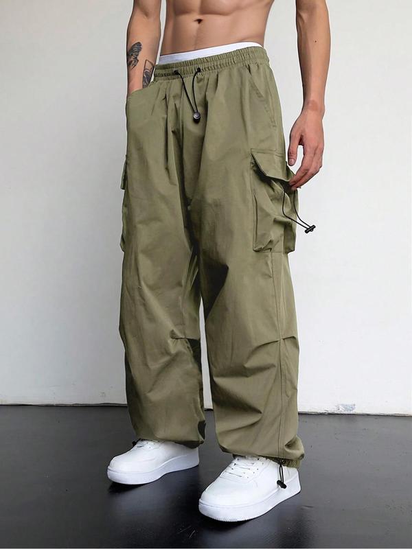 Men's Loose Plain Pocket Drawstring Waist Cargo Pants for Fall, Pants for Men, Mens Stylish Clothing, Street Trendy Baggy Wide Leg Trousers for Men, Streetwear, Men's Back to School Bottoms, Casual Menswear, Men's Drippy Outfits, Going Out Outfits