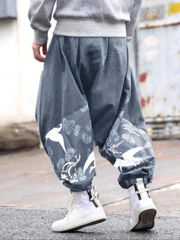 Men's Loose Patchwork Plants Print Drawstring Waist Pants, Casual Street Style Tree Print Pants for Daily Wear, Fashion Men's Trousers, Summer Outfits 2024, Menswear