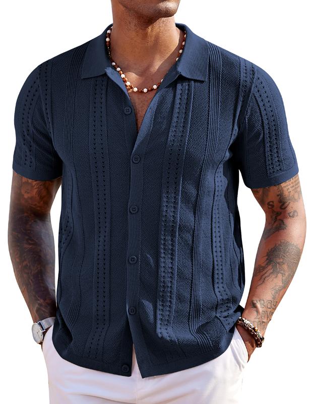 COOFANDY Men's Knit Shirts Short Sleeve Button Down Polo Shirt Fashion Casual Summer Beach Shirts