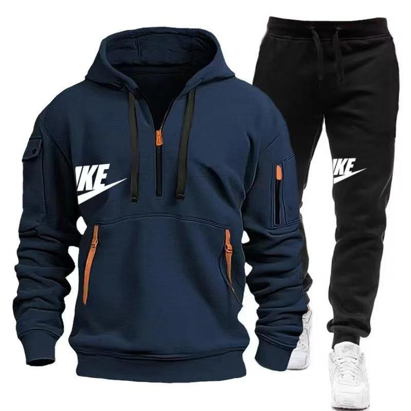 2024 New Spring and Autumn Men's Multi-Pocket Zipper Hoodie + Sweatpants Two-Piece Jogging Casual Fitness Sportswear Set