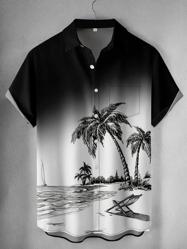 Men's Coconut Tree Print Button Front Shirt, Loose Casual Pocket Short Sleeve Collared Top, Men's Summer Outfits for Beach Holiday