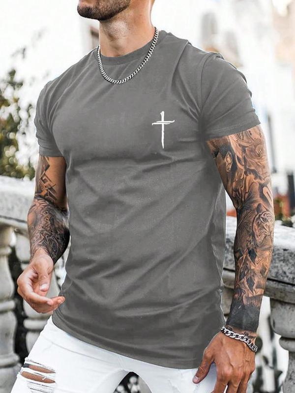 Men's Regular Fit Cross Print Short Sleeve Tee, Casual Graphic Round Neck T-Shirt for Summer, Fashion Men's Streetwear Top for Daily Wear, 90s Clothes