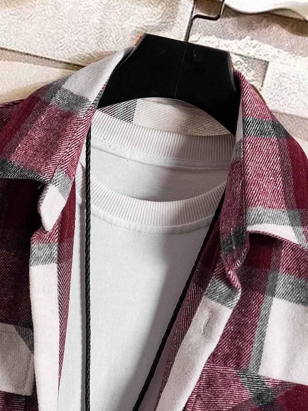 Men's Plaid Print Button Front Shirt Jacket, Regular Fit Casual Long Sleeve Collared Outerwear for Winter, Men's Clothes for Daily Wear