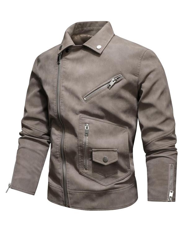 Men's Pocket Long Sleeve Zip Front PU Leather Jacket, Regular Fit Vintage Solid Zip Up Motorcycle Jacket For Spring & Fall, Casual Fashion Men's Outerwear