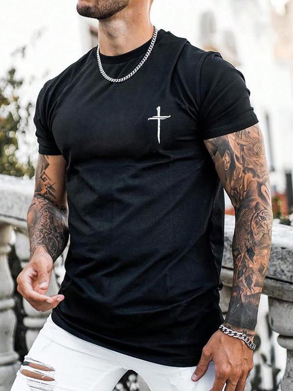 Men's Regular Fit Cross Print Short Sleeve Tee, Casual Graphic Round Neck T-Shirt for Summer, Fashion Men's Streetwear Top for Daily Wear, 90s Clothes