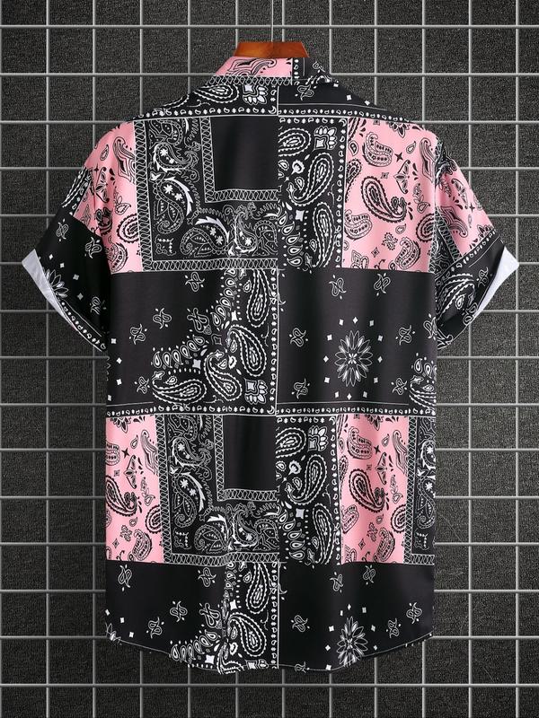 Men's Colorblock Paisley Print Button Front Shirt, Regular Fit Casual Fashion Short Sleeve Collared Shirt for Summer, Men's Clothes for Daily Wear