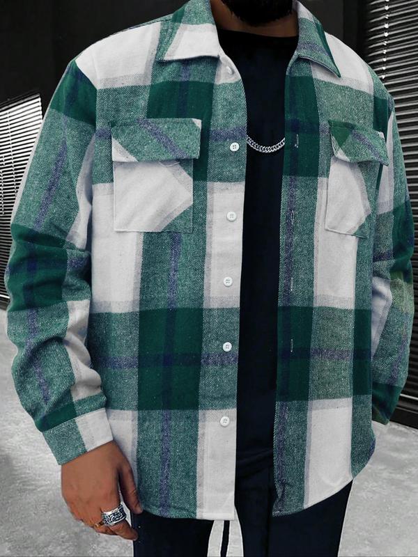 Men's Plaid Print Button Front Shirt Jacket, Regular Fit Casual Long Sleeve Collared Outerwear for Winter, Men's Clothes for Daily Wear