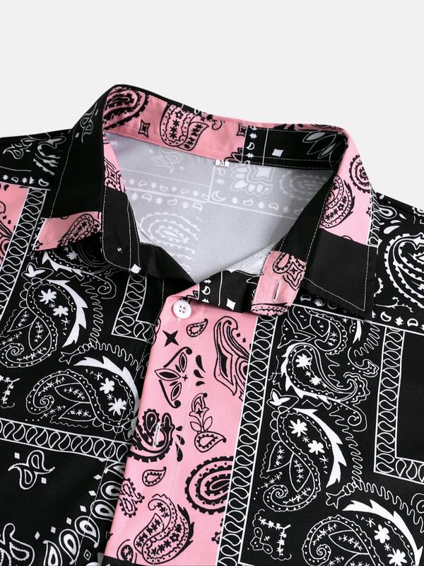 Men's Colorblock Paisley Print Button Front Shirt, Regular Fit Casual Fashion Short Sleeve Collared Shirt for Summer, Men's Clothes for Daily Wear