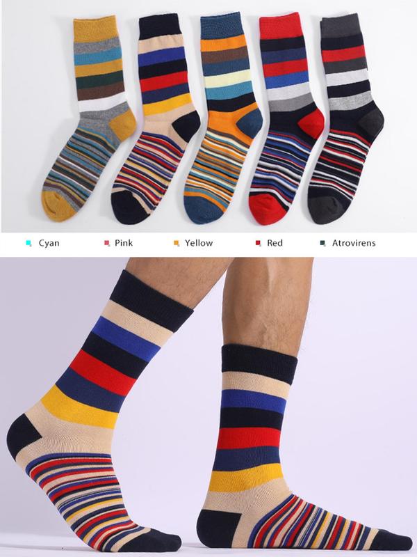 Men's Striped Print Crew Socks, Casual Comfy Breathable Mid-calf Socks for Daily Wear, Men's Socks for All Seasons