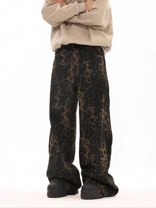 Men's Leopard Print Straight Leg Pants, Loose Casual Comfy Tie Front Trousers for Fall & Winter, Men's Bottoms for Daily Wear