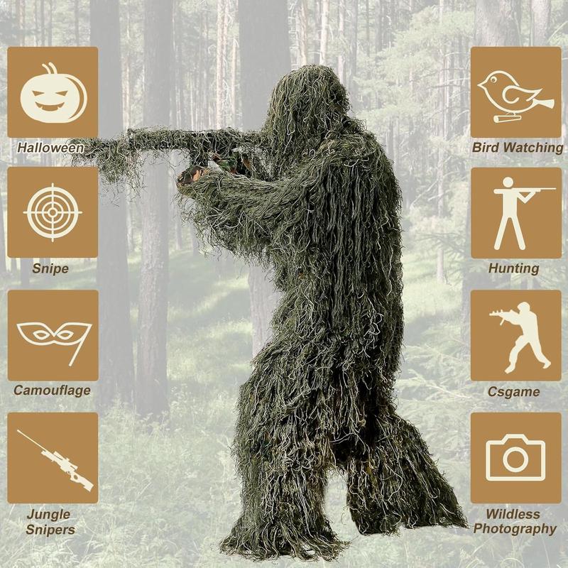 5 in 1 Ghillie Suit, 3D Camouflage  Apparel w Jacket, Pants, Hood, Carry Bag for Adults Youth, S M L XL XXL