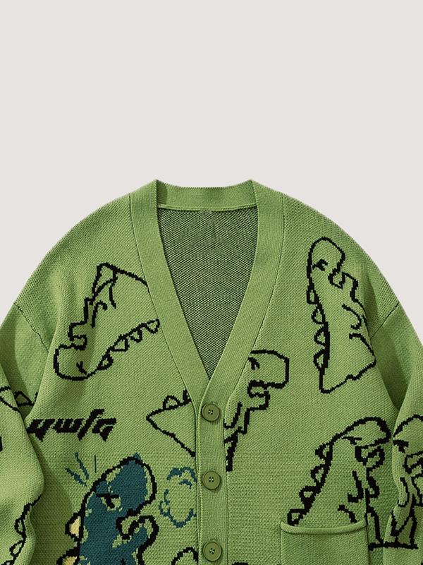 Unisex's Loose Cartoon Dinosaur Print Button Front Drop Shoulder Cardigan, Summer Clothes Casual Pocket V Neck Long Sleeve Knitwear for Summer, Fashion Unisex's Knit Clothing for Daily Wear