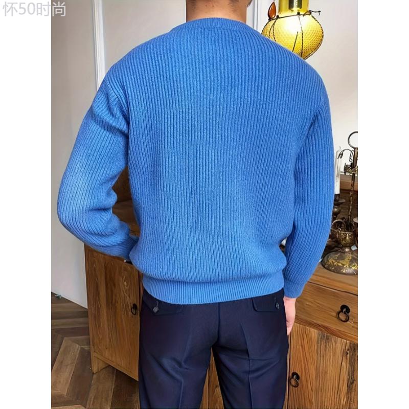 Cozy Solid Color Crew Neck Sweater for Men - Long Sleeve Pullover Tops for Spring and Fall - Soft, Breathable, and Versatile Casual Wear Cotton Fabric