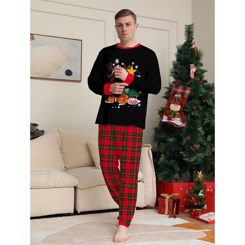 Men's Fashion Casual Christmas Pajamas Suit, Luhan Christmas Tree Antlers Pattern Printing Long Sleeve round Neck Top and Loose Pants Casual Suit