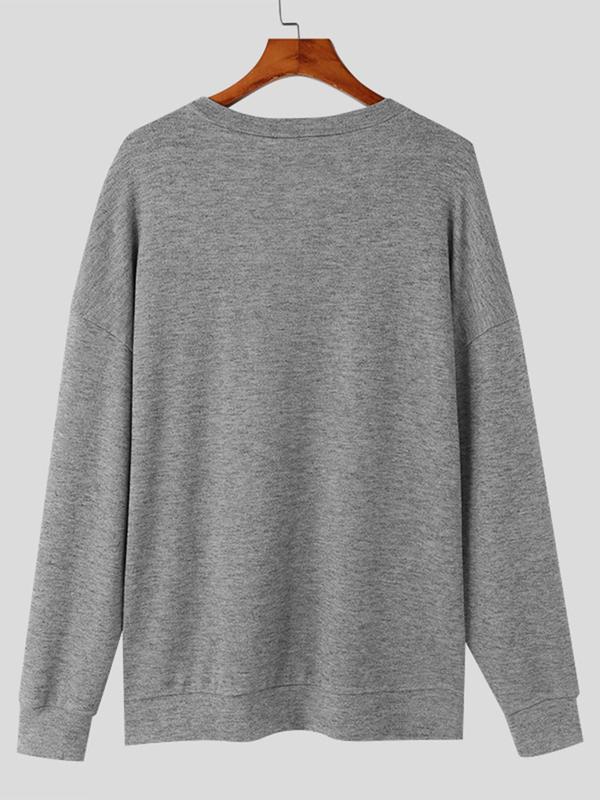 Men's Solid Notched Neck Drop Shoulder Sweater, Loose Casual Long Sleeve Jumper for Spring & Fall, Fashion Men's Knitwear for Daily Wear