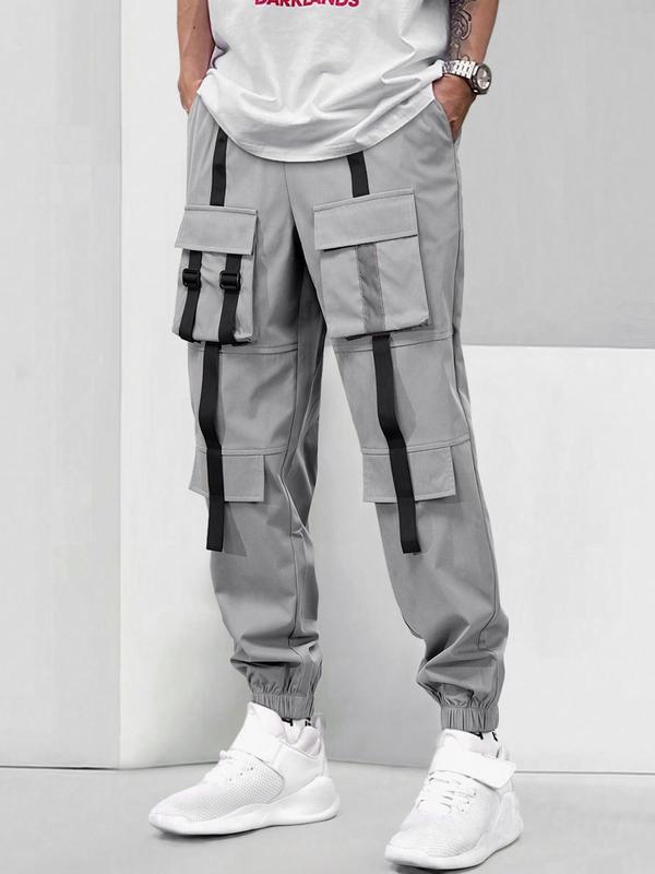 Men's Thin Plain Flap Pocket Tape Buckle Drawstring Waist Black Cargo Pants, Loose Stylish Casual Trousers, Pants for Men, Streetwear Bottoms for Summer Spring Fall, Going Out Outfits, Men's Clothing