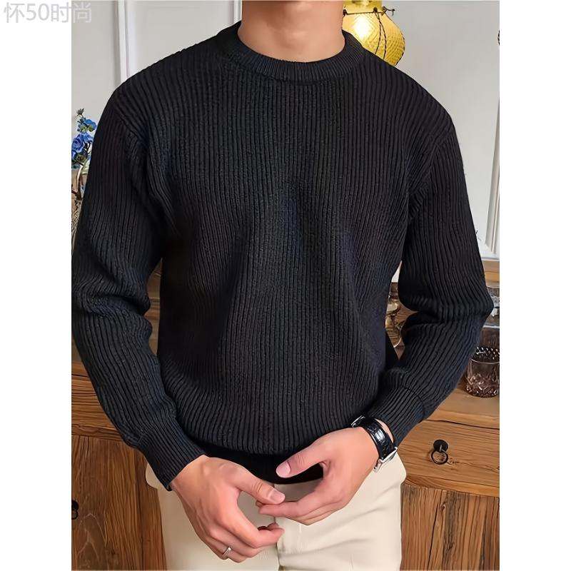 Cozy Solid Color Crew Neck Sweater for Men - Long Sleeve Pullover Tops for Spring and Fall - Soft, Breathable, and Versatile Casual Wear Cotton Fabric