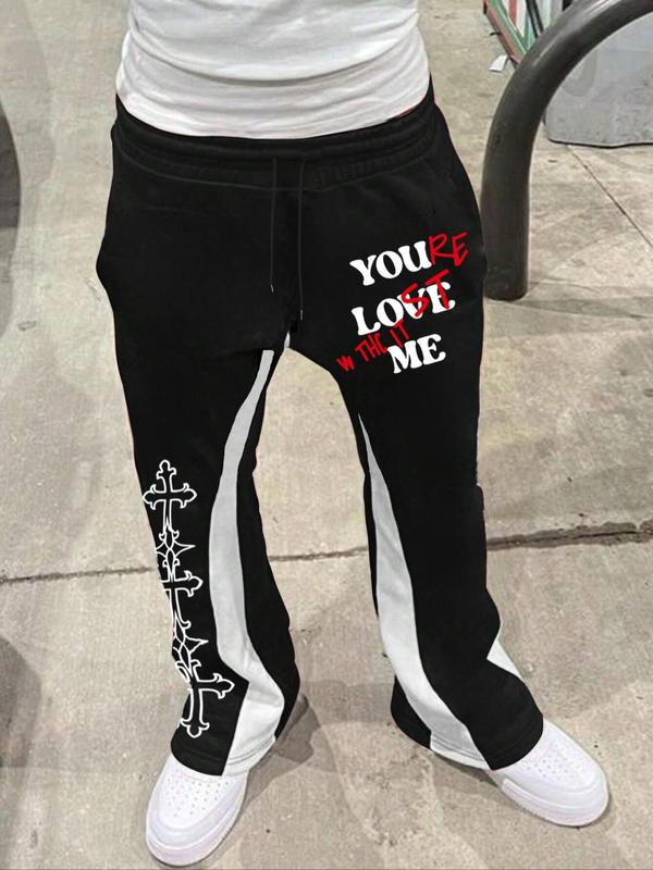 Men's Colorblock Letter & Cross Print Drawstring Waist Flare Leg Pants, Casual Comfy Pocket Elastic Waist Bell Bottom Trousers for Fall & Winter, Men's Bottoms for Daily Wear