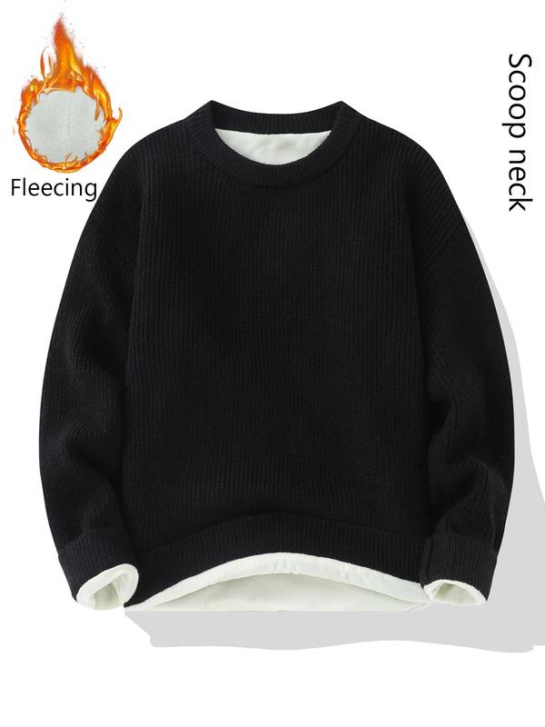 Men's Solid Drop Shoulder Knit Sweater, Loose Casual Long Sleeve Round Neck Jumper for Fall & Winter, Fashion Men's Knitwear for Daily Wear