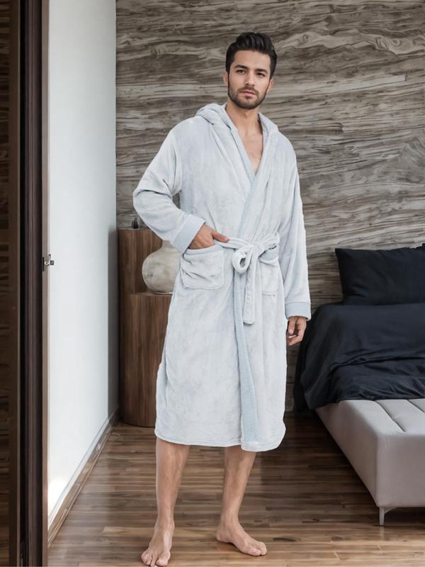 Couple's Solid Belted Drop Shoulder Fuzzy Flannel Robe, Casual Long Sleeve Pocket Design Bathrobe, Men's & Women's Sleepwear for Winter