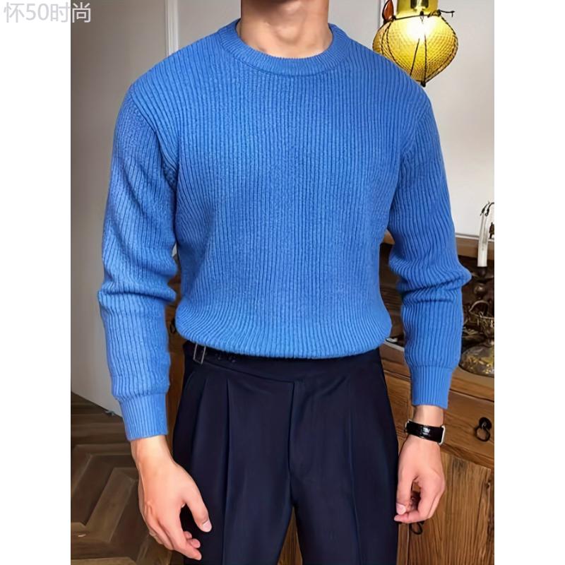 Cozy Solid Color Crew Neck Sweater for Men - Long Sleeve Pullover Tops for Spring and Fall - Soft, Breathable, and Versatile Casual Wear Cotton Fabric