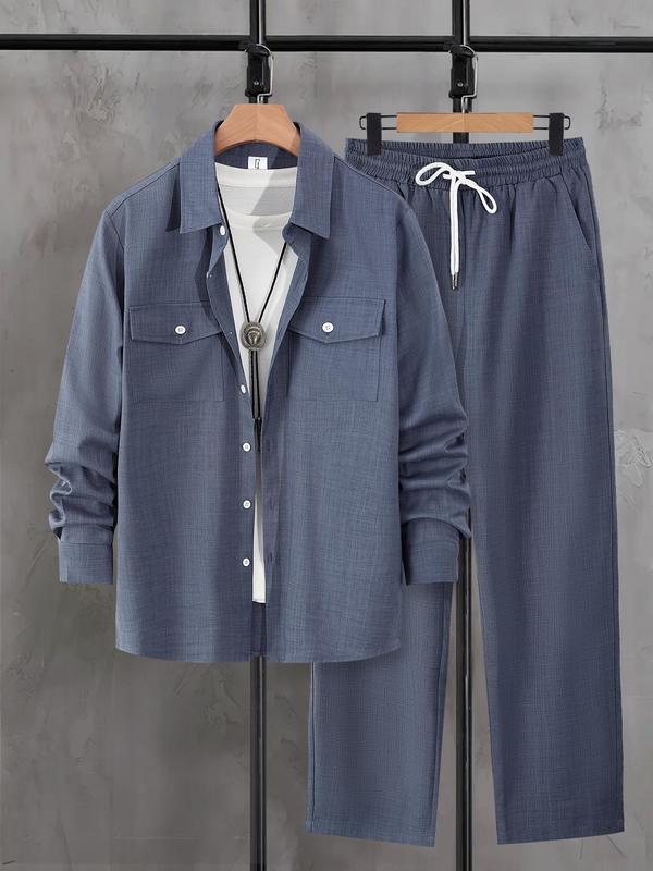 Men's Solid Button Front Shirt & Drawstring Waist Pants Loungewear Two-piece Set, Regular Fit Casual Comfy Long Sleeve Pocket Top & Trousers PJ Set, Men Sleepwear Set for Spring & Fall