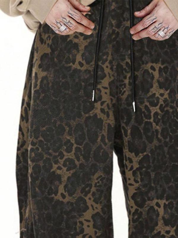 Men's Leopard Print Straight Leg Pants, Loose Casual Comfy Tie Front Trousers for Fall & Winter, Men's Bottoms for Daily Wear