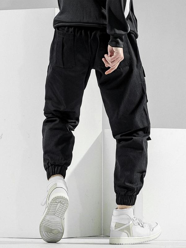 Men's Thin Plain Flap Pocket Tape Buckle Drawstring Waist Black Cargo Pants, Loose Stylish Casual Trousers, Pants for Men, Streetwear Bottoms for Summer Spring Fall, Going Out Outfits, Men's Clothing