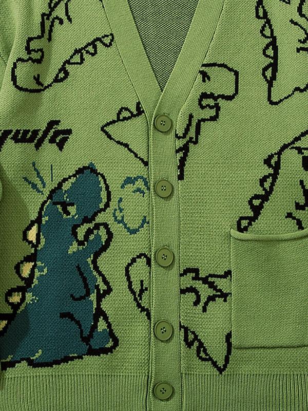 Unisex's Loose Cartoon Dinosaur Print Button Front Drop Shoulder Cardigan, Summer Clothes Casual Pocket V Neck Long Sleeve Knitwear for Summer, Fashion Unisex's Knit Clothing for Daily Wear