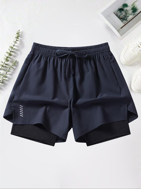 Men's Solid Drawstring Waist 2 in 1 Athletic Shorts, Casual Streetwear Zip Pocket Shorts, Back to School Outfits, Summer Outfits 2024, Back to School Outfits, Men's Bottoms for Daily Wear