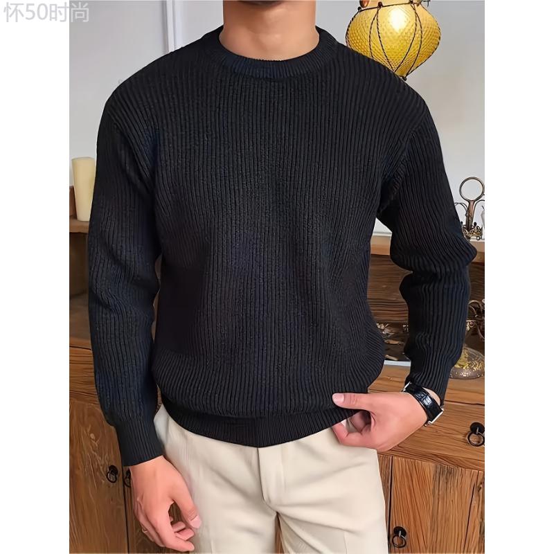 Cozy Solid Color Crew Neck Sweater for Men - Long Sleeve Pullover Tops for Spring and Fall - Soft, Breathable, and Versatile Casual Wear Cotton Fabric