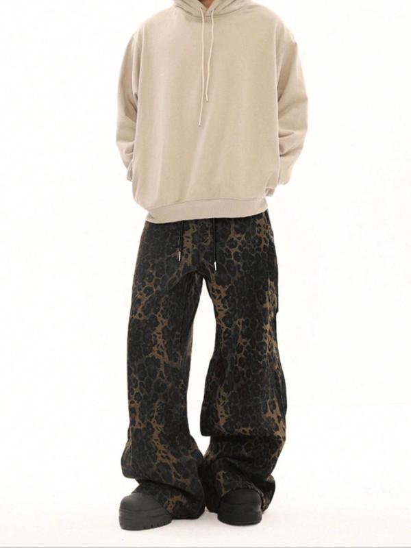 Men's Leopard Print Straight Leg Pants, Loose Casual Comfy Tie Front Trousers for Fall & Winter, Men's Bottoms for Daily Wear