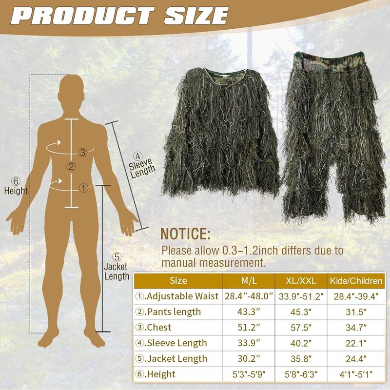 5 in 1 Ghillie Suit, 3D Camouflage  Apparel w Jacket, Pants, Hood, Carry Bag for Adults Youth, S M L XL XXL