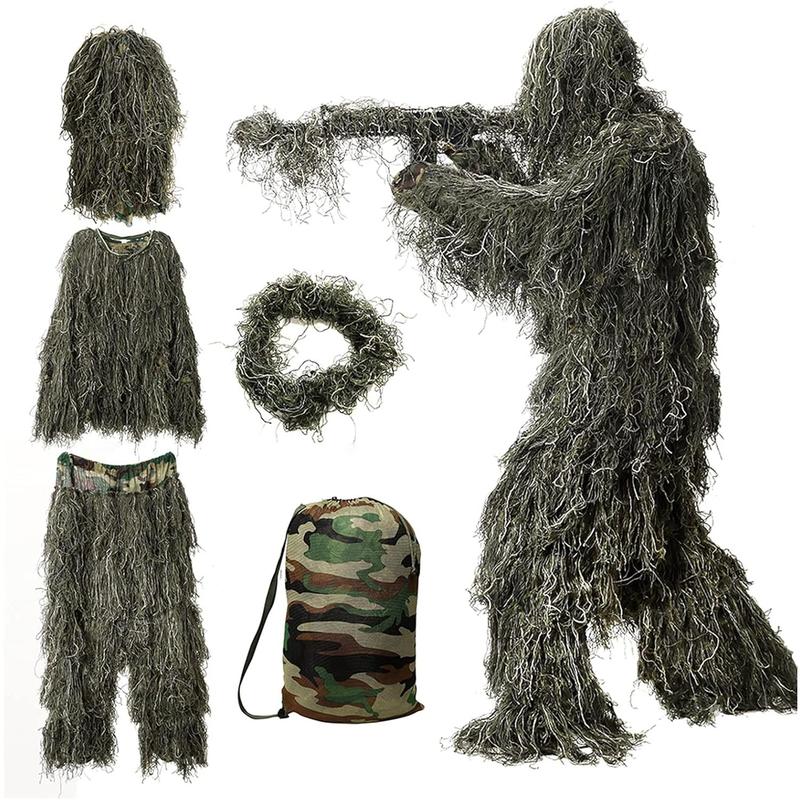 5 in 1 Ghillie Suit, 3D Camouflage  Apparel w Jacket, Pants, Hood, Carry Bag for Adults Youth, S M L XL XXL