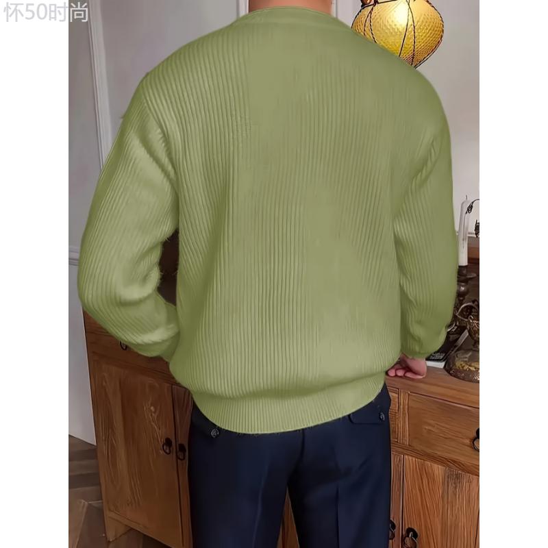 Cozy Solid Color Crew Neck Sweater for Men - Long Sleeve Pullover Tops for Spring and Fall - Soft, Breathable, and Versatile Casual Wear Cotton Fabric