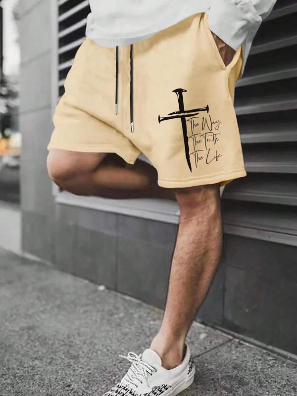 Men's Letter Print Drawstring Waist Shorts, Casual Loose Streetwear Pocket Design Track Shorts, Summer Clothes, Cross Print Men's Athleisure Shorts