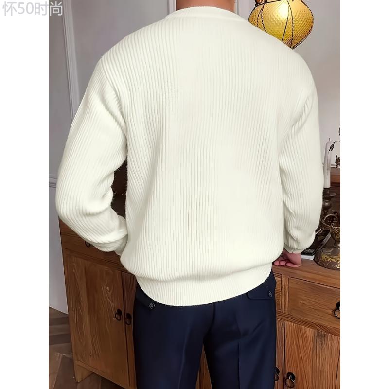 Cozy Solid Color Crew Neck Sweater for Men - Long Sleeve Pullover Tops for Spring and Fall - Soft, Breathable, and Versatile Casual Wear Cotton Fabric