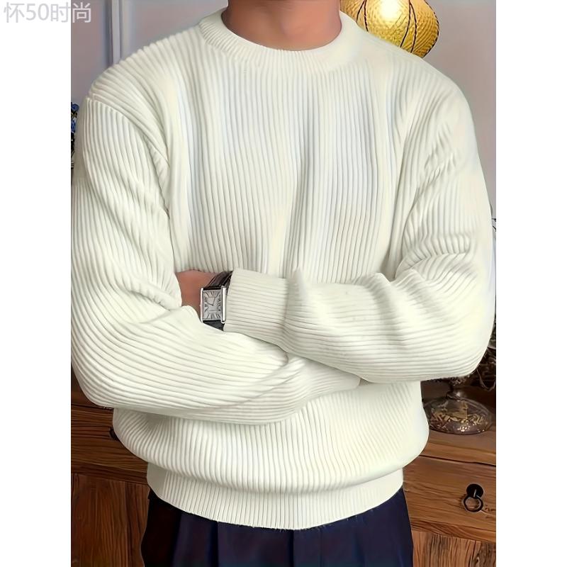 Cozy Solid Color Crew Neck Sweater for Men - Long Sleeve Pullover Tops for Spring and Fall - Soft, Breathable, and Versatile Casual Wear Cotton Fabric