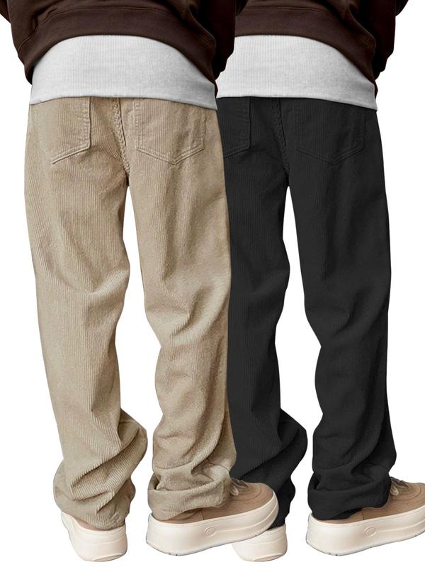 Men's Solid Drawstring Waist Wide Leg Pants, Casual Comfy Corduroy Elastic Waist Pocket  Trousers for Daily Wear, Men's Bottoms for All Seasons