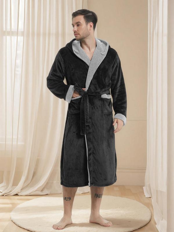 Couple's Solid Belted Drop Shoulder Fuzzy Flannel Robe, Casual Long Sleeve Pocket Design Bathrobe, Men's & Women's Sleepwear for Winter