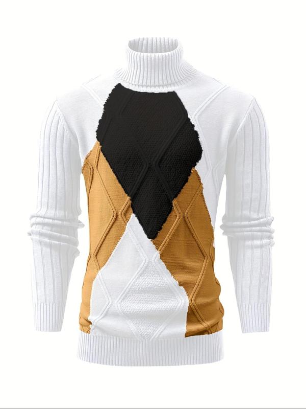 Men's Colorblock High Neck Jumper, Regular Fit Casual Long Sleeve   Knit Pullover for Fall & Winter, Men's Knitwear for Daily Wear