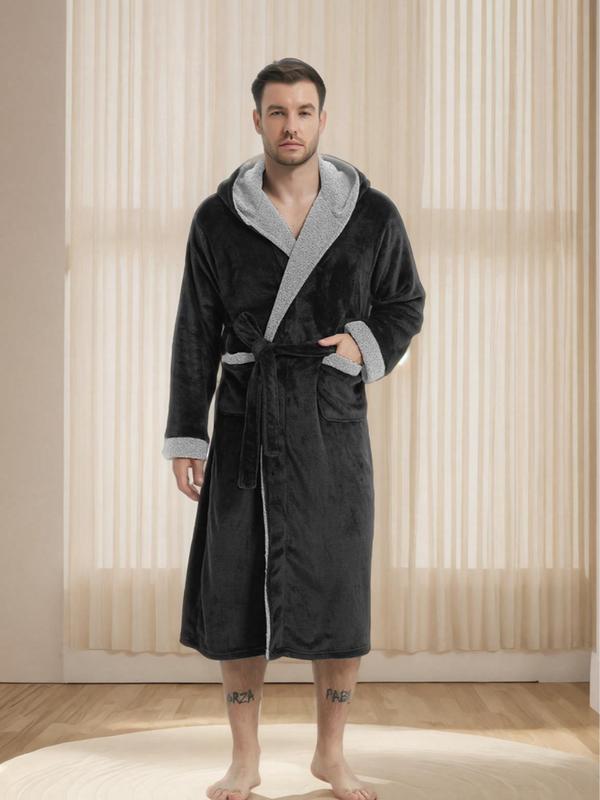 Couple's Solid Belted Drop Shoulder Fuzzy Flannel Robe, Casual Long Sleeve Pocket Design Bathrobe, Men's & Women's Sleepwear for Winter