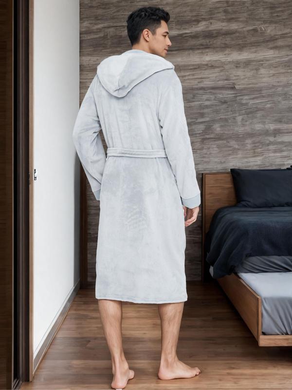 Couple's Solid Belted Drop Shoulder Fuzzy Flannel Robe, Casual Long Sleeve Pocket Design Bathrobe, Men's & Women's Sleepwear for Winter